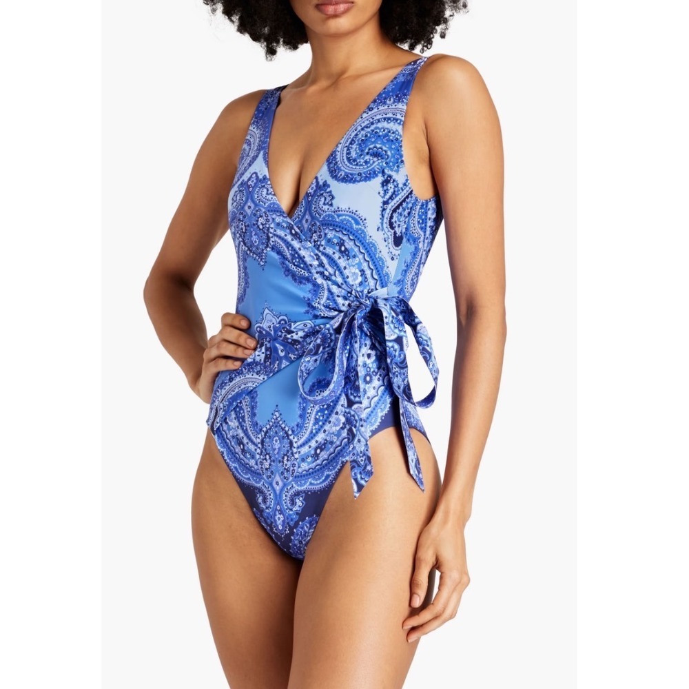 Zimmermann Blue Paisley Wrap Effect One Piece Swimsuit Size 0 US 4 New
